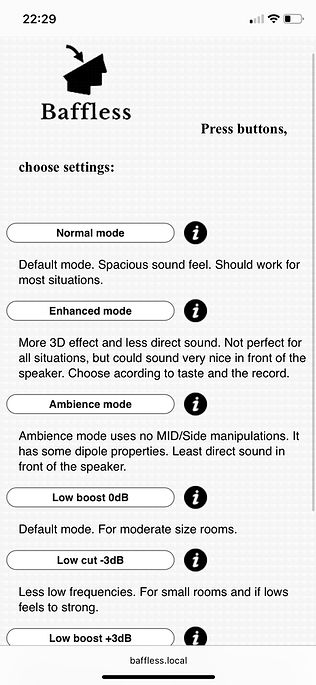 Archived Baffless browser control page showing Normal, Enhanced and Ambience listening modes plus low-frequency presets